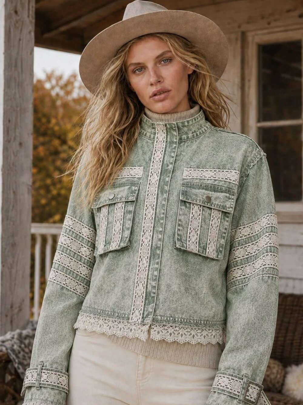 POL Vintage Charm Lace Utility Jacket - Mint Green